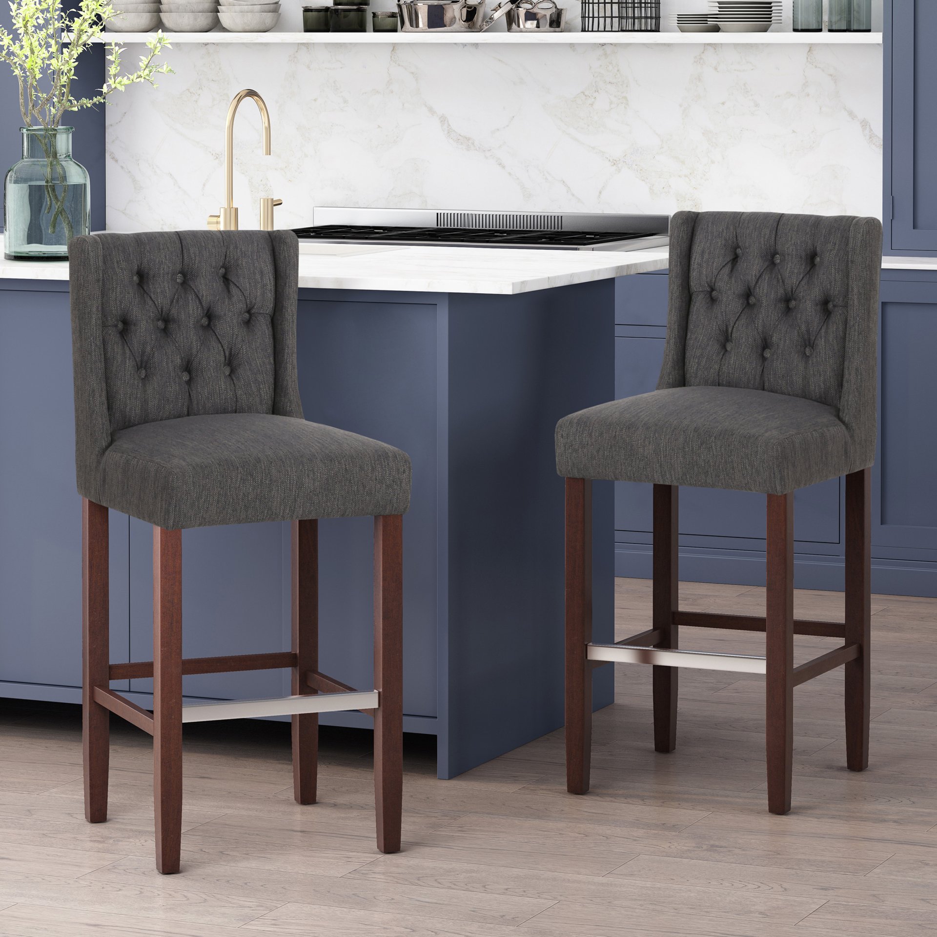 Solstara - Upholstered Fabric Dining Barstool With Button Tufted And Wing Back - Charcoal - Image 9