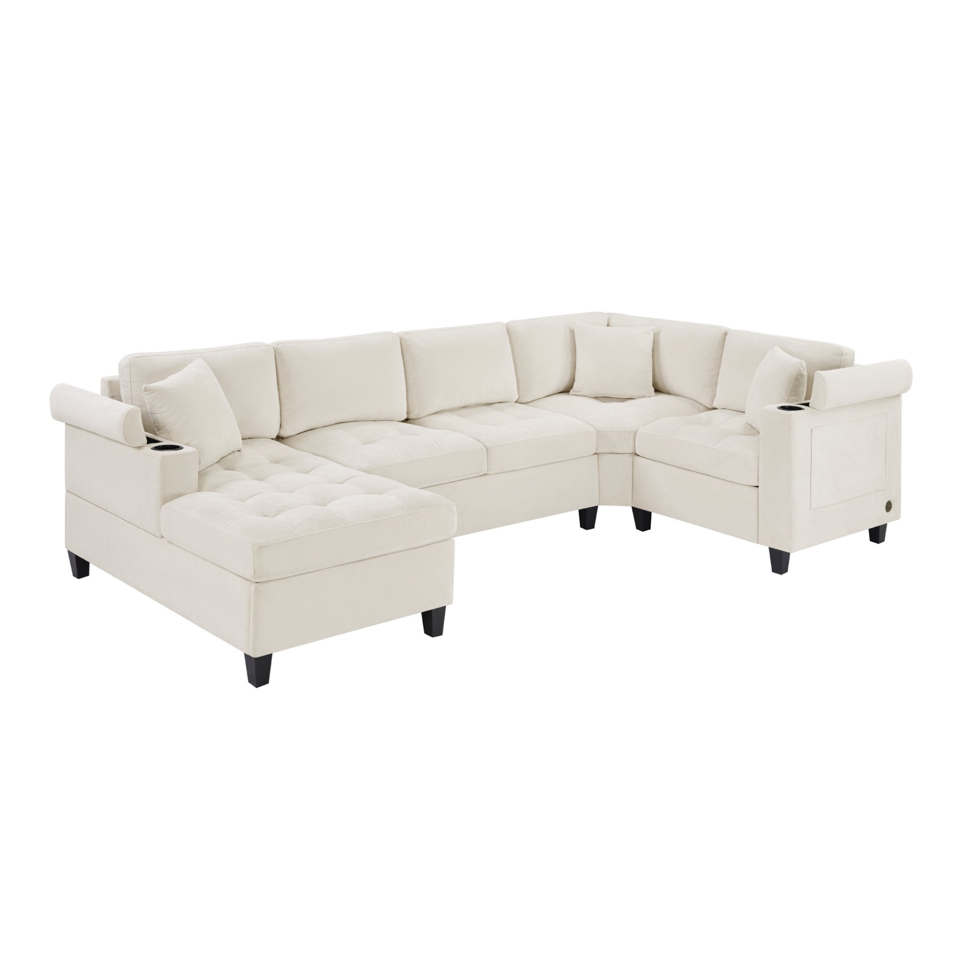 U Shaped Sectional Sofa, Corner Living Room Couch With Built In Cup Holders, Storage, USB Ports - Beige - Image 8