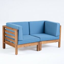 Oana - 2 Piece Love Seat Set, Acacia Wood Frame With Water Resistant Cushions - Blue