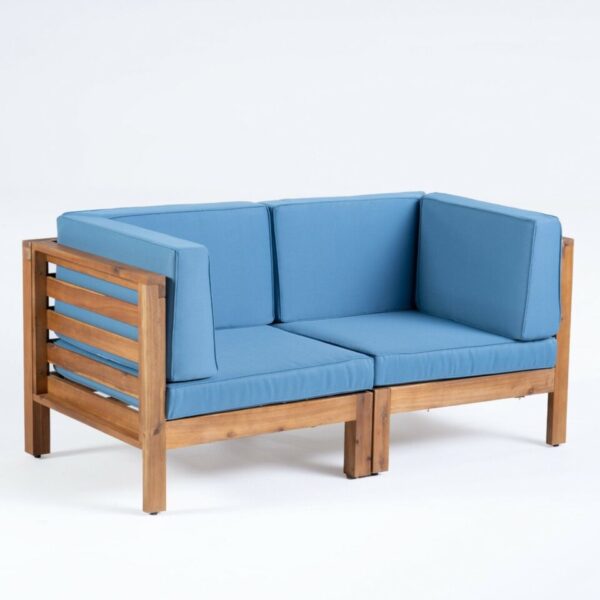 Oana - 2 Piece Love Seat Set, Acacia Wood Frame With Water Resistant Cushions - Blue