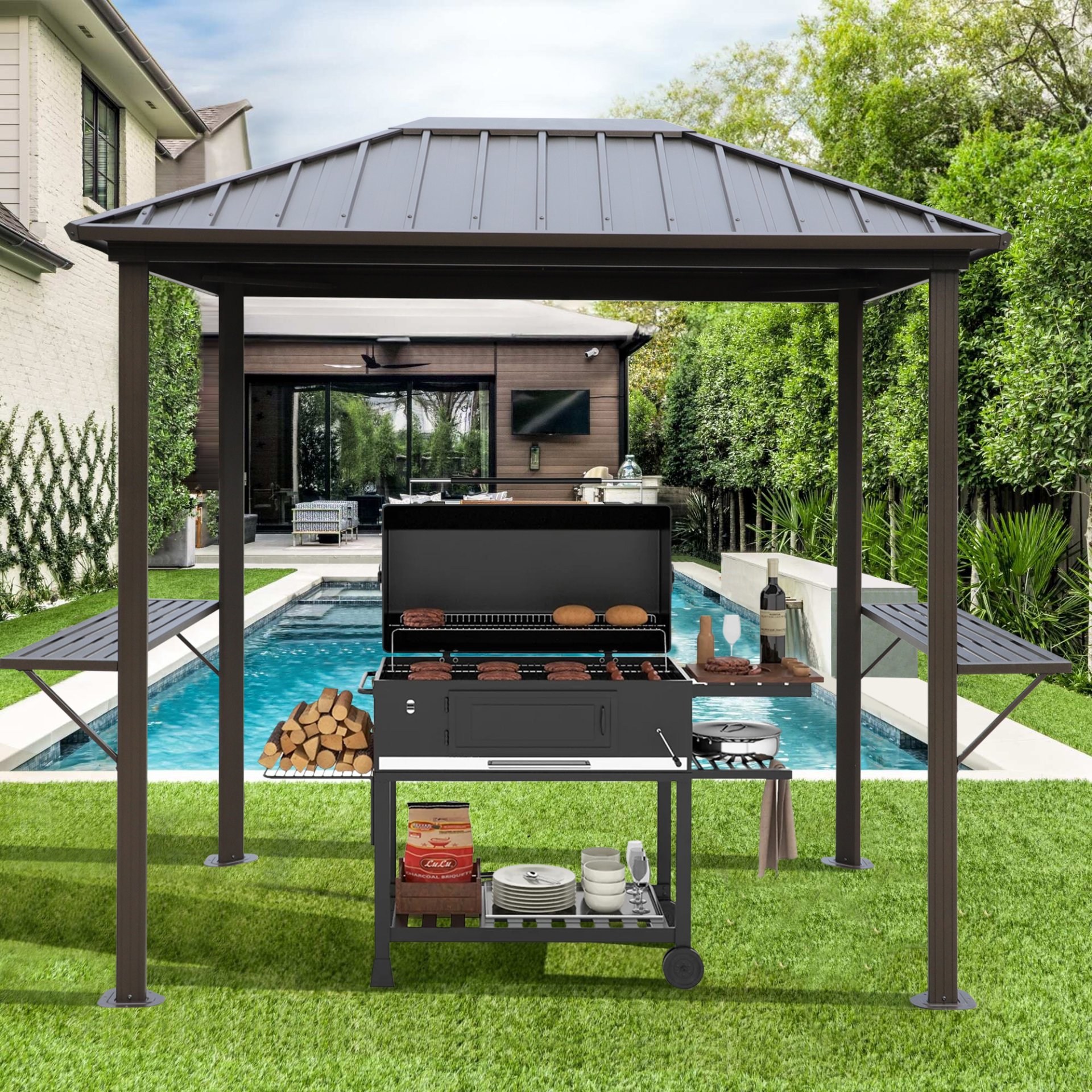 Grill Hardtop Gazebo Outdoor Metal Hard Top Gazebo, Permanent Bbq Gazebo With Galvanized Steel, Aluminum Framed Pavilion With Shelves - Dark Brown - Image 2
