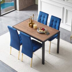 5 Piece Dining Set Including Velvet High Back Golden Color Legs Nordic Dining Chair & Creative Design Dining Table - Blue