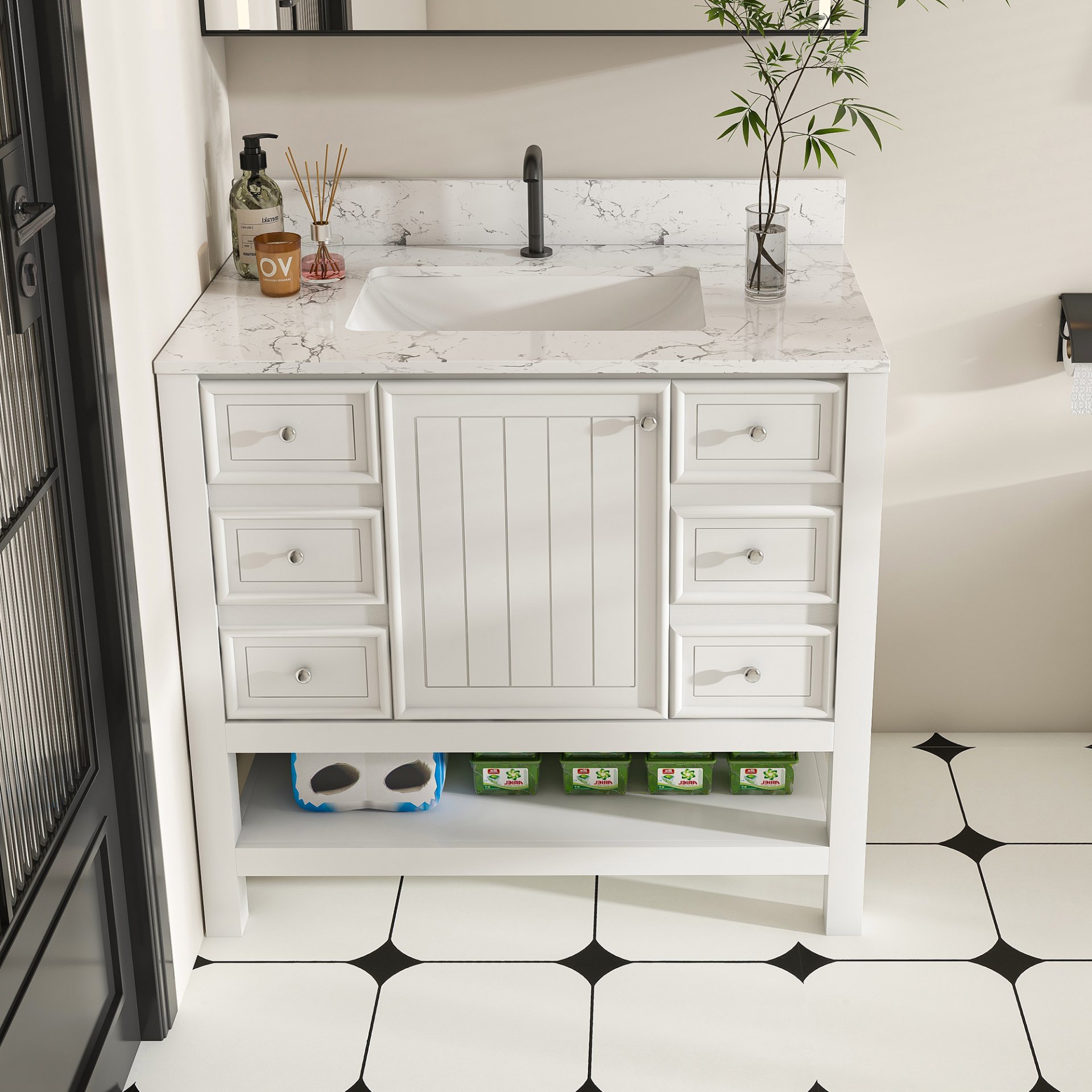 37" Bathroom Vanity, Multi Functional Cabinet With Doors And Drawers, Frame, Single Faucet Hole - White - Image 2