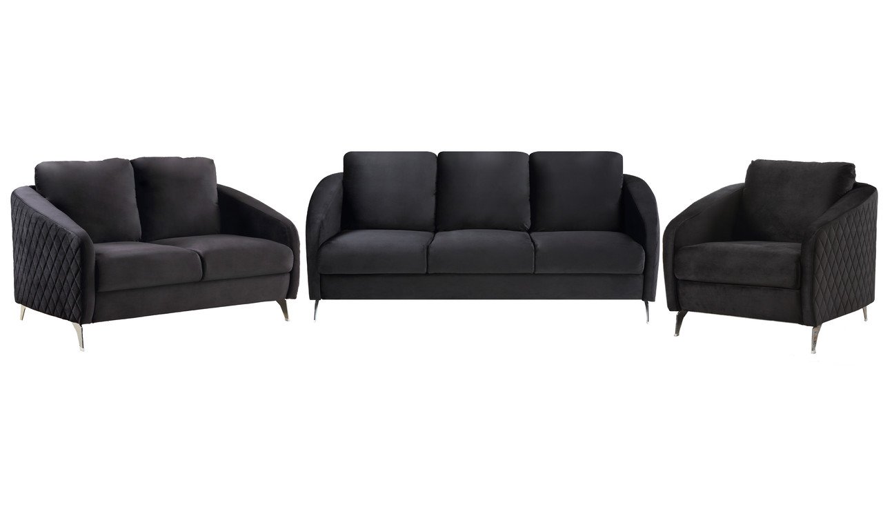 Sofia - Velvet Fabric Sofa Loveseat Chair Living Room (Set of 3) - Black - Image 2