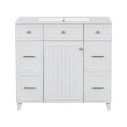 36" Bathroom Vanity With Sink, Soft Close Doors, And Adjustable Shelves Solid Frame - White