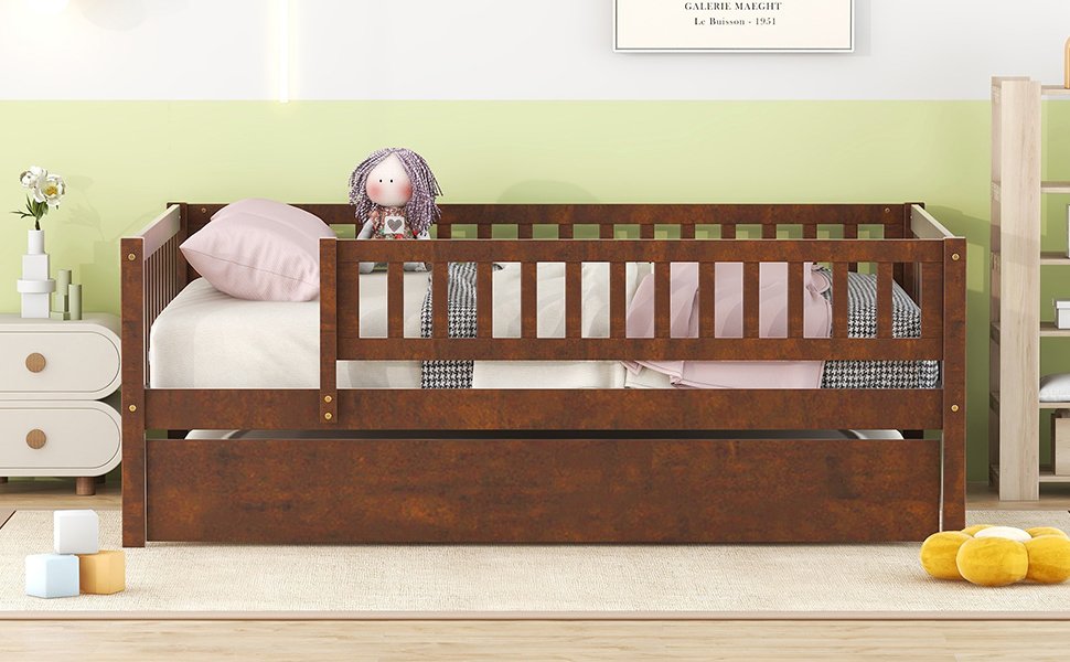 Full Size Daybed With Trundle And Fence Guardrails - Walnut - Image 16