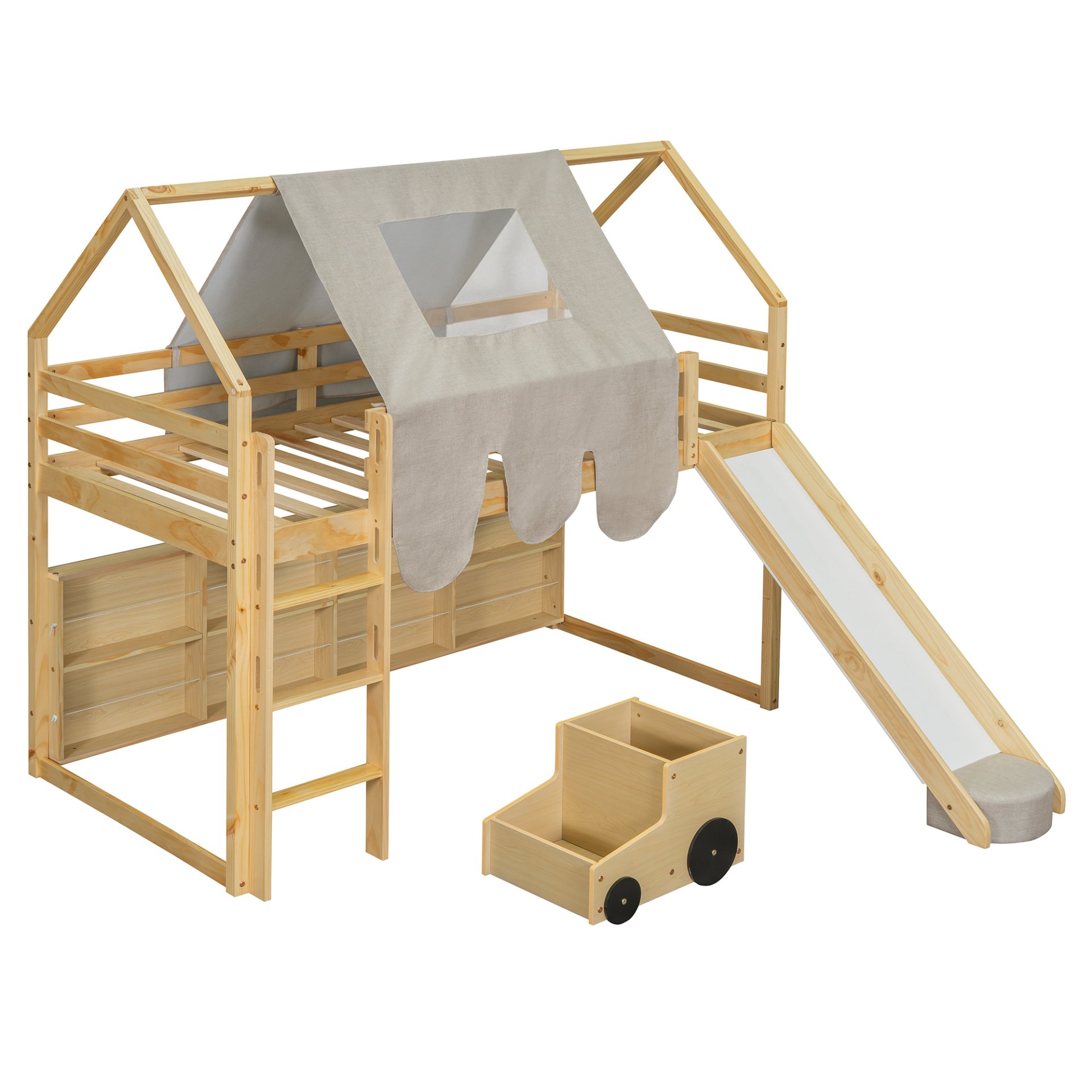 Twin Size Loft Bed With House Shaped Frame And Tent - Natural / Beige - Image 7