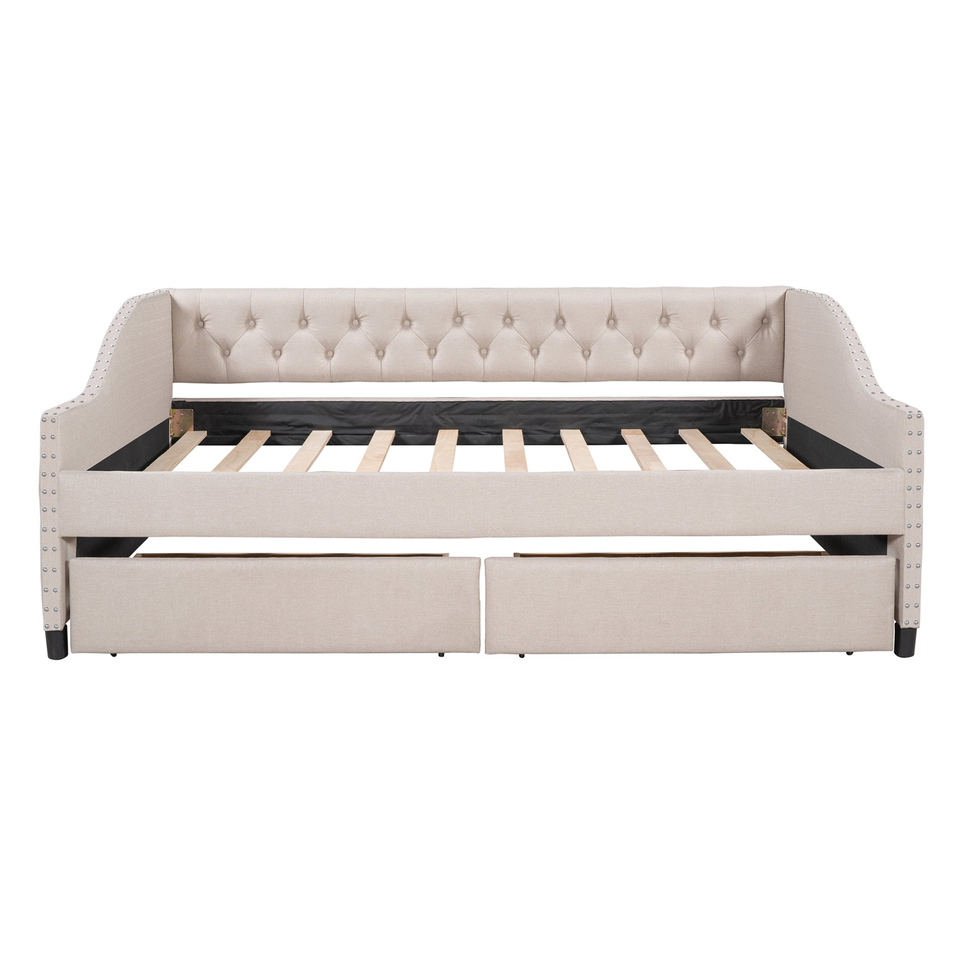 Full Size Upholstered Daybed With Two Drawers, Slat Support - Beige - Image 21
