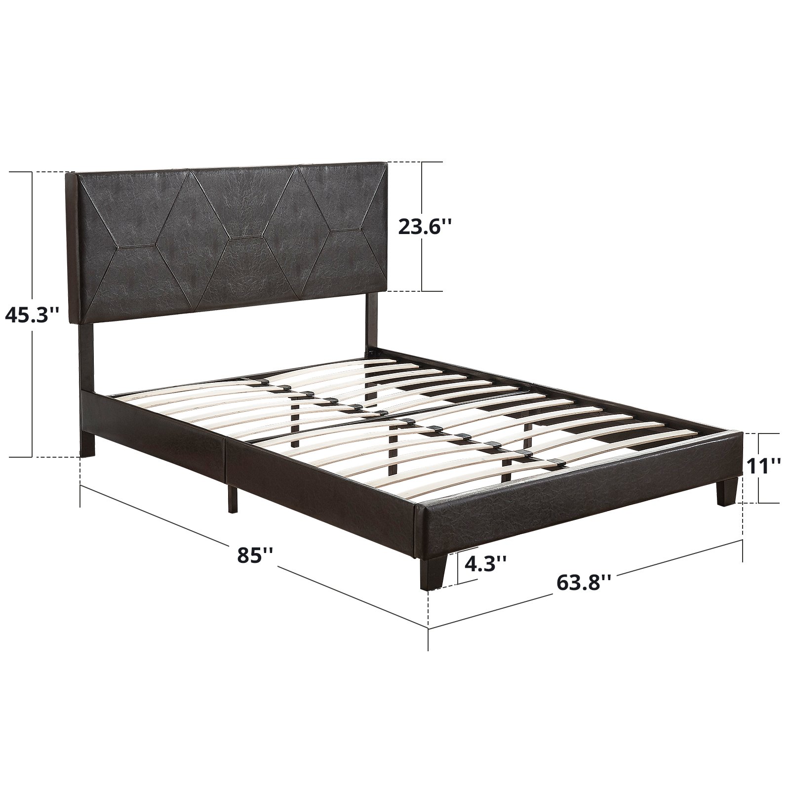 Queen Size Upholstered Platform Bed Frame, Wood Slat Support - Black - Image 7