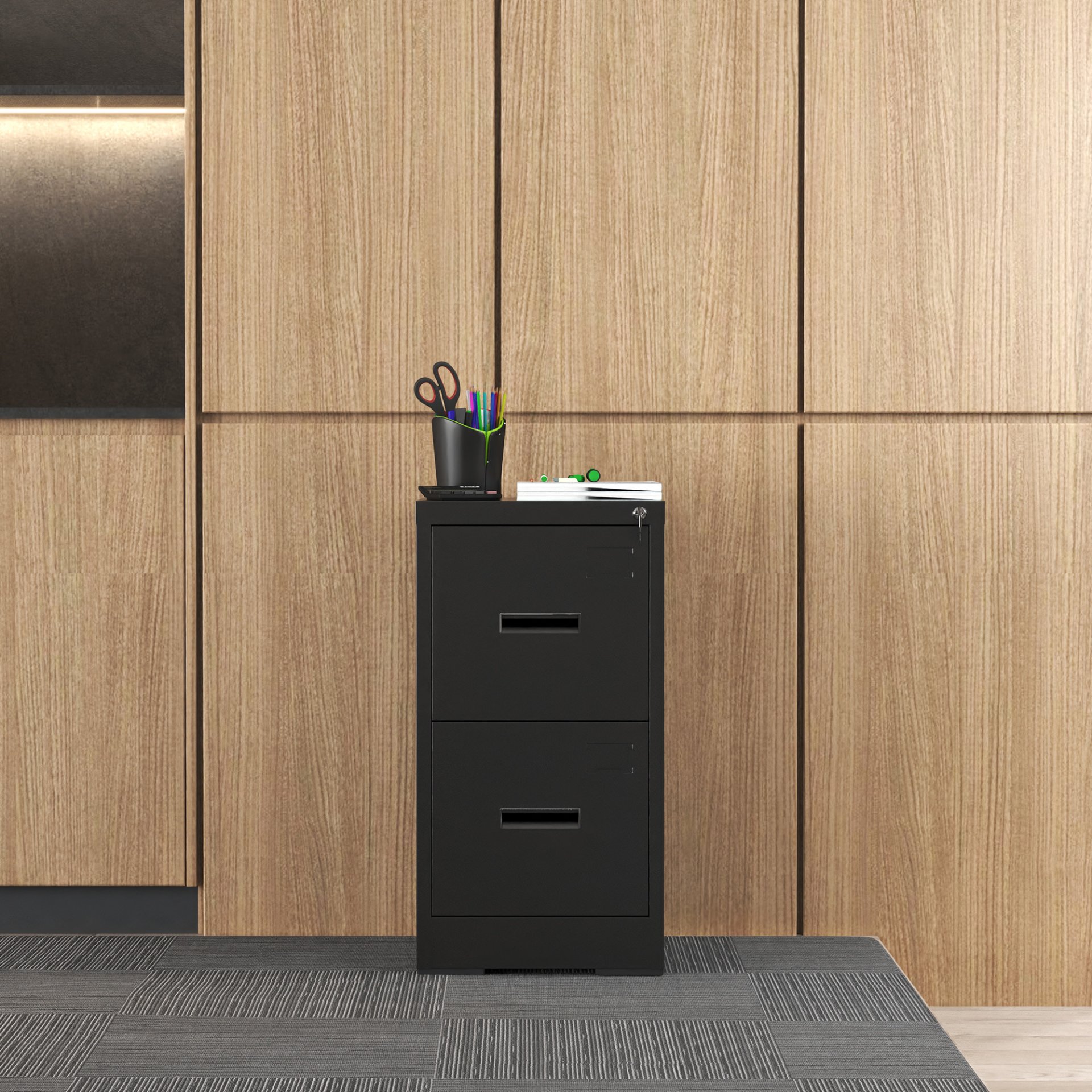 Modern 2 Drawer Metal Vertical File Cabinet With Lock And Card Slot For Office And Home Use - Black - Image 13