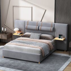 Queen Upholstered Platform Bed, 2 Outlets And USB Charging Ports On Both Sides, 2 Bedside Pillows, Storage Shelves - Gray