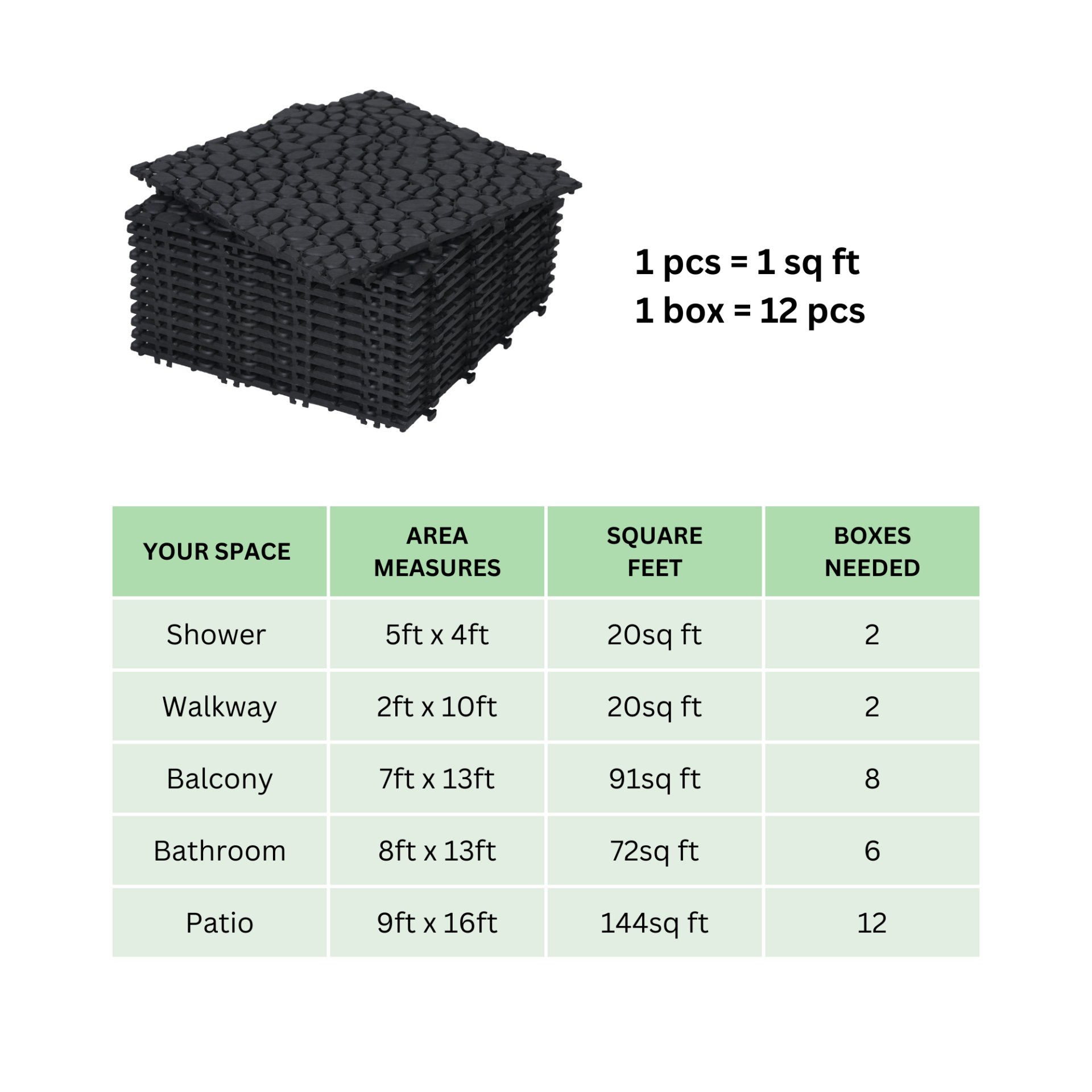 Interlocking Deck Tiles Plastic Waterproof Outdoor All Weather Anti-Slip Bathroom Shower Balcony Porch Strong Weight Capacity Upto 440 Lbs, Pebble Stone Pattern Pack Of 12 - Black - Image 9