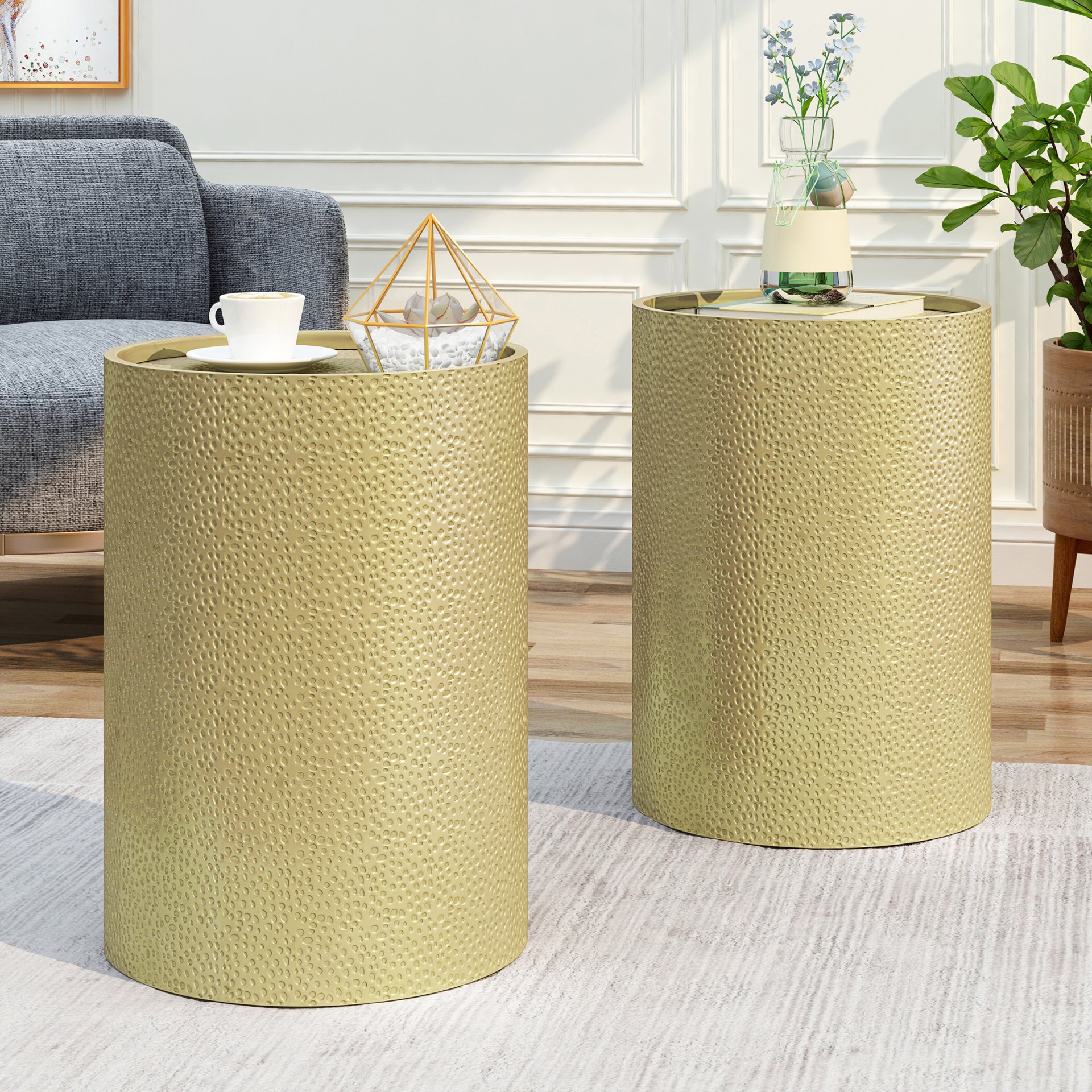 Side Table With Cylindrical Shape And Convenient Table Lip (Set of 2) - Gold - Image 2