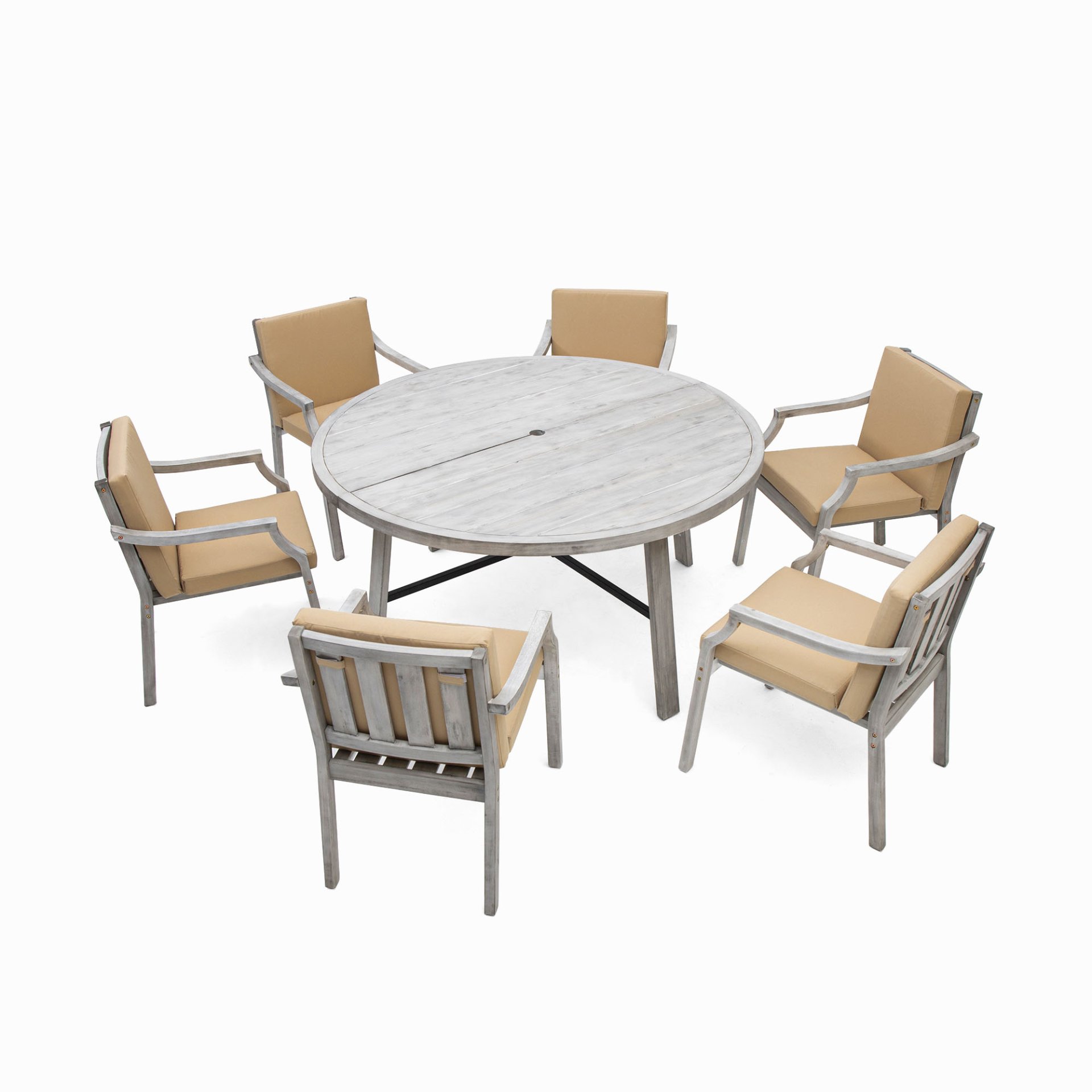 6 Person Outdoor Wooden Dining Set With Umbrella Hole And Removable Cushions For Patio - Gray - Image 10