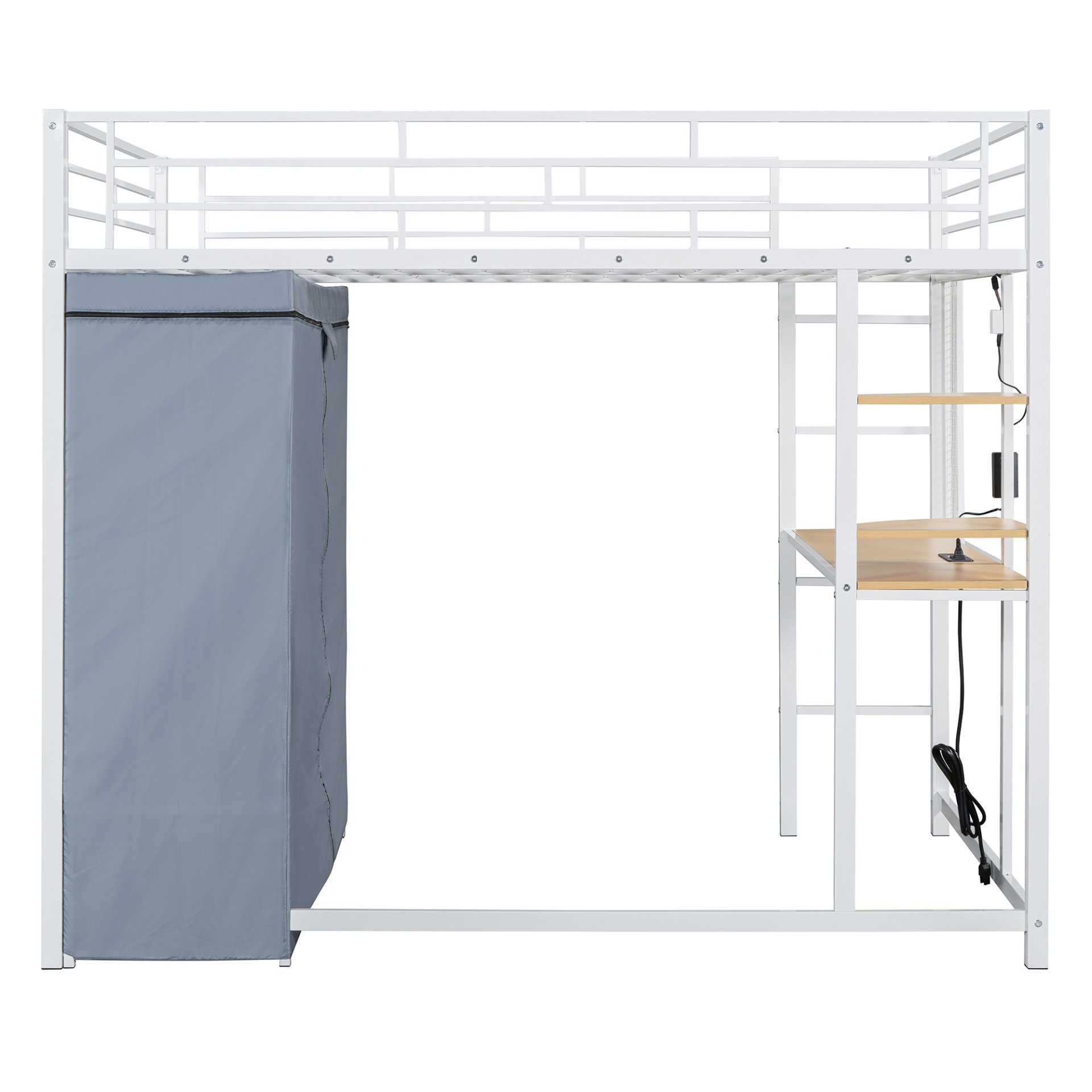 Full Size Loft Bed With Desk, Shelves, Power Outlet, LED Light And Wardrobe - White - Image 18