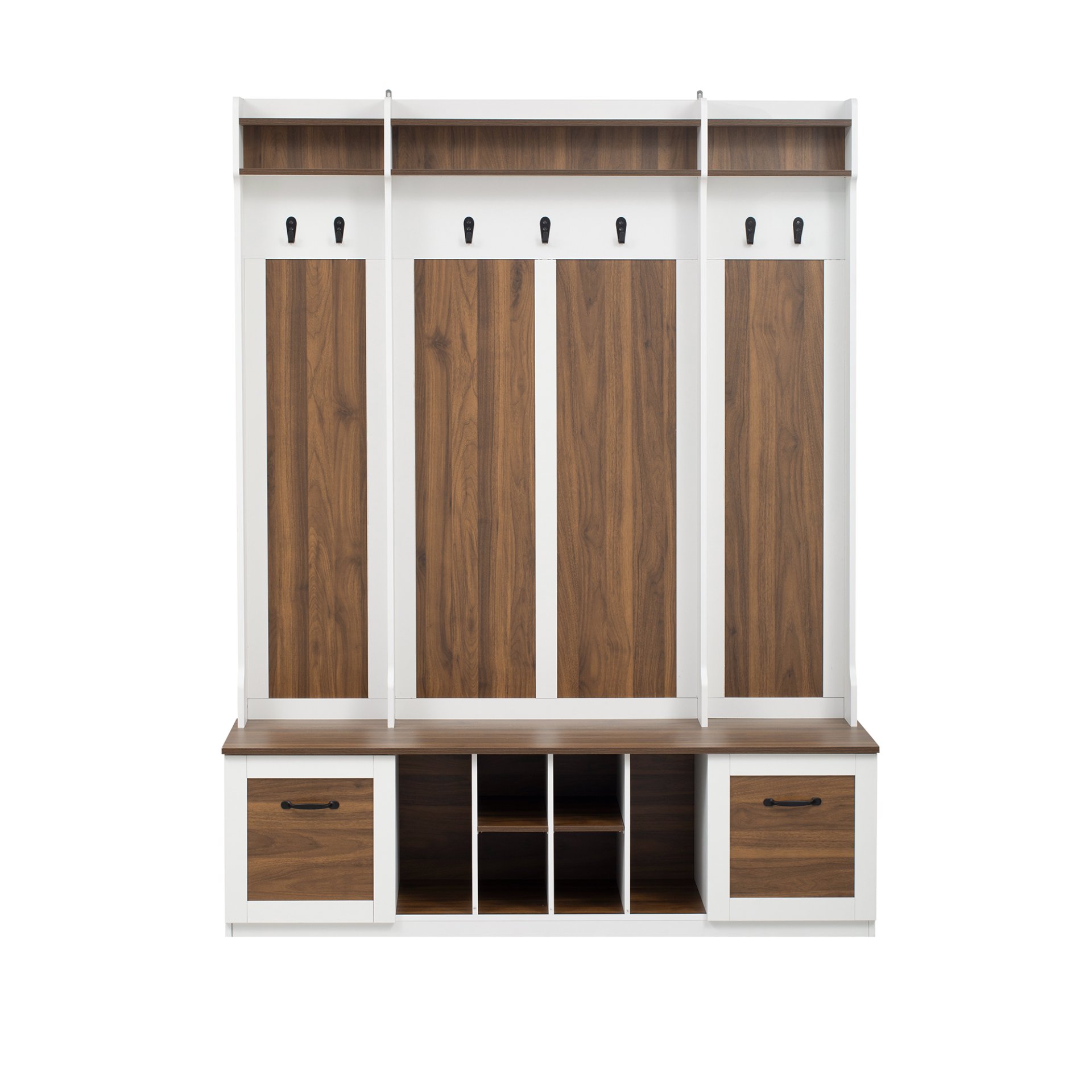 5 In 1 Entryway Bench With Coat Rack, 7 Sturdy Hooks, 2 Spacious Drawers And Adjustable Shelves, Wide Hall Tree With Metal Handles For Hallway - Brown / White - Image 12
