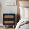 2 Drawer Rattan Nightstand For Bedroom And Living Room, End Table, Side Table With 2 Hand Made Rattan Decorated Drawers - Black - Image 4