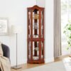 Corner Curio Cabinet With Lights, Adjustable Tempered Glass Shelves, Mirrored Back, Display Cabinet (E26 Light Bulb Not Included) - Walnut - Image 4