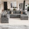 Sectional Sofa Pull-Out Sofa Bed Sleeper With A Storage Ottoman, Three Pillows And Charging Devices For Living Room - Gray - Image 3