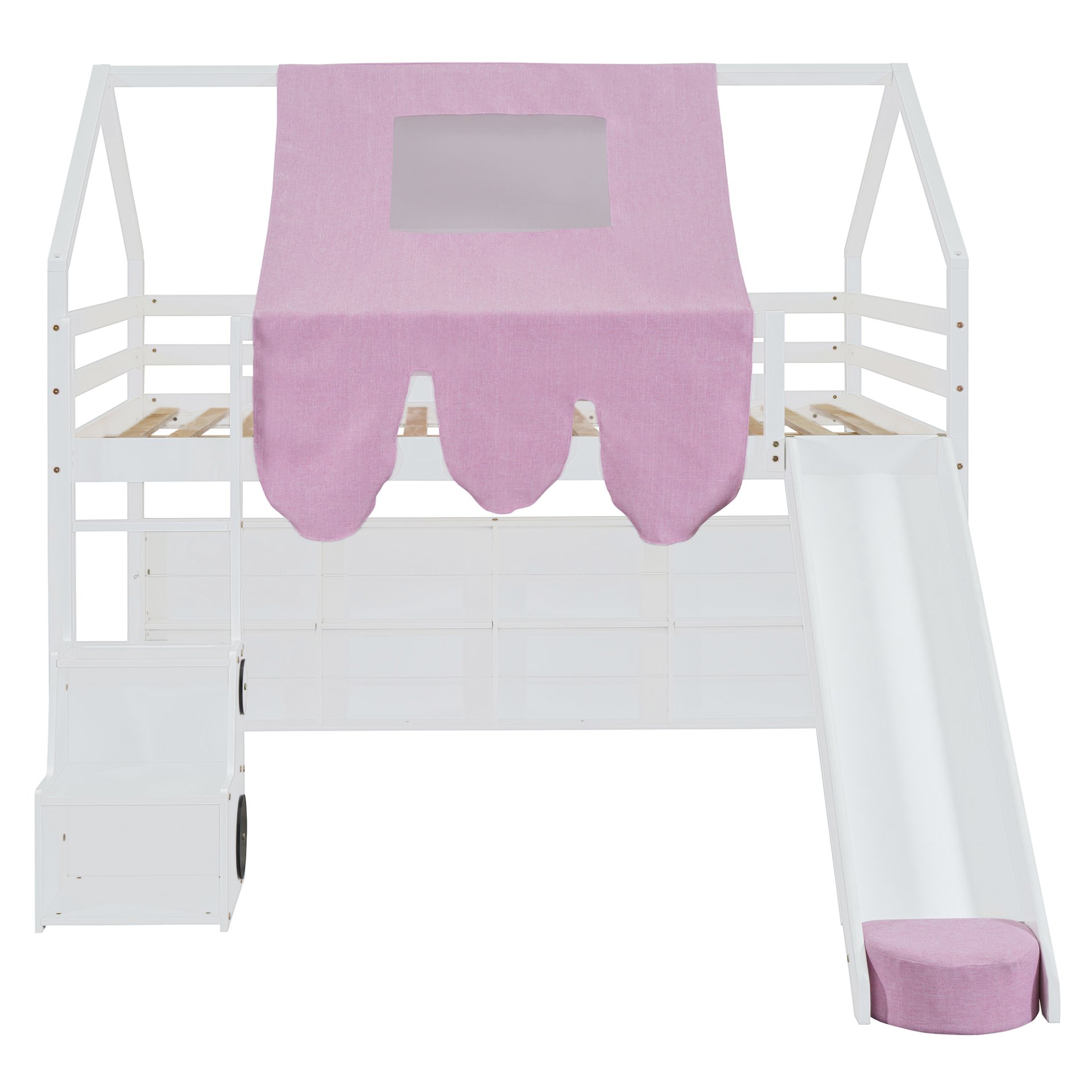 Full Size Loft Bed With House Shaped Frame And Tent - White / Pink - Image 8