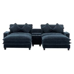 Contemporary Chenille Upholstered Sectional Sofa With Ottomans, USB Ports, Cup Holders & Storage - Blue