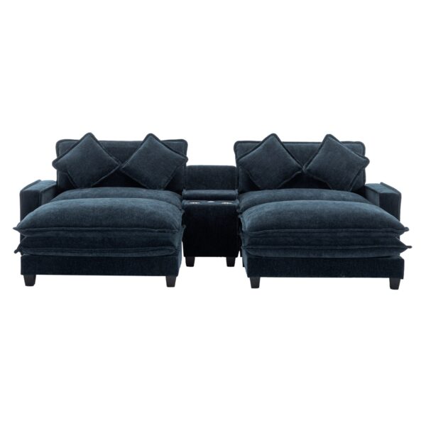 Contemporary Chenille Upholstered Sectional Sofa With Ottomans, USB Ports, Cup Holders & Storage - Blue