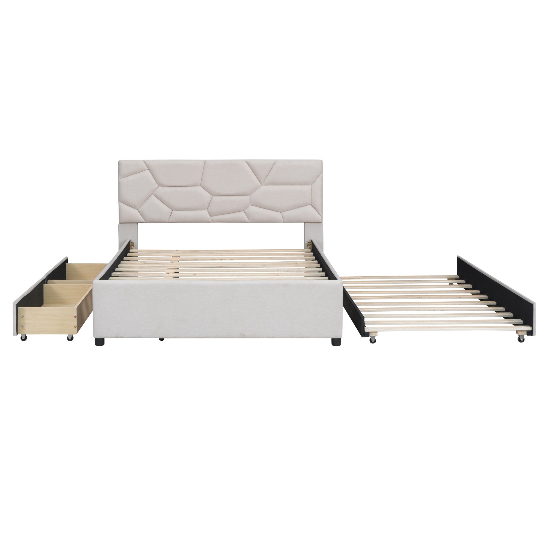 Full Size Upholstered Platform Bed With Brick Pattern Headboard, With Twin Size Trundle And 2 Drawers - Beige - Image 8