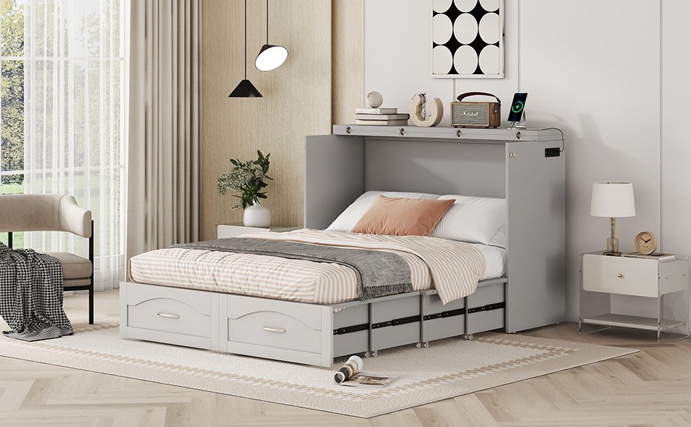 Full Size Murphy Wall Bed With Drawer And A Set Of Sockets & USB Ports, Pulley Structure Design - Gray - Image 12