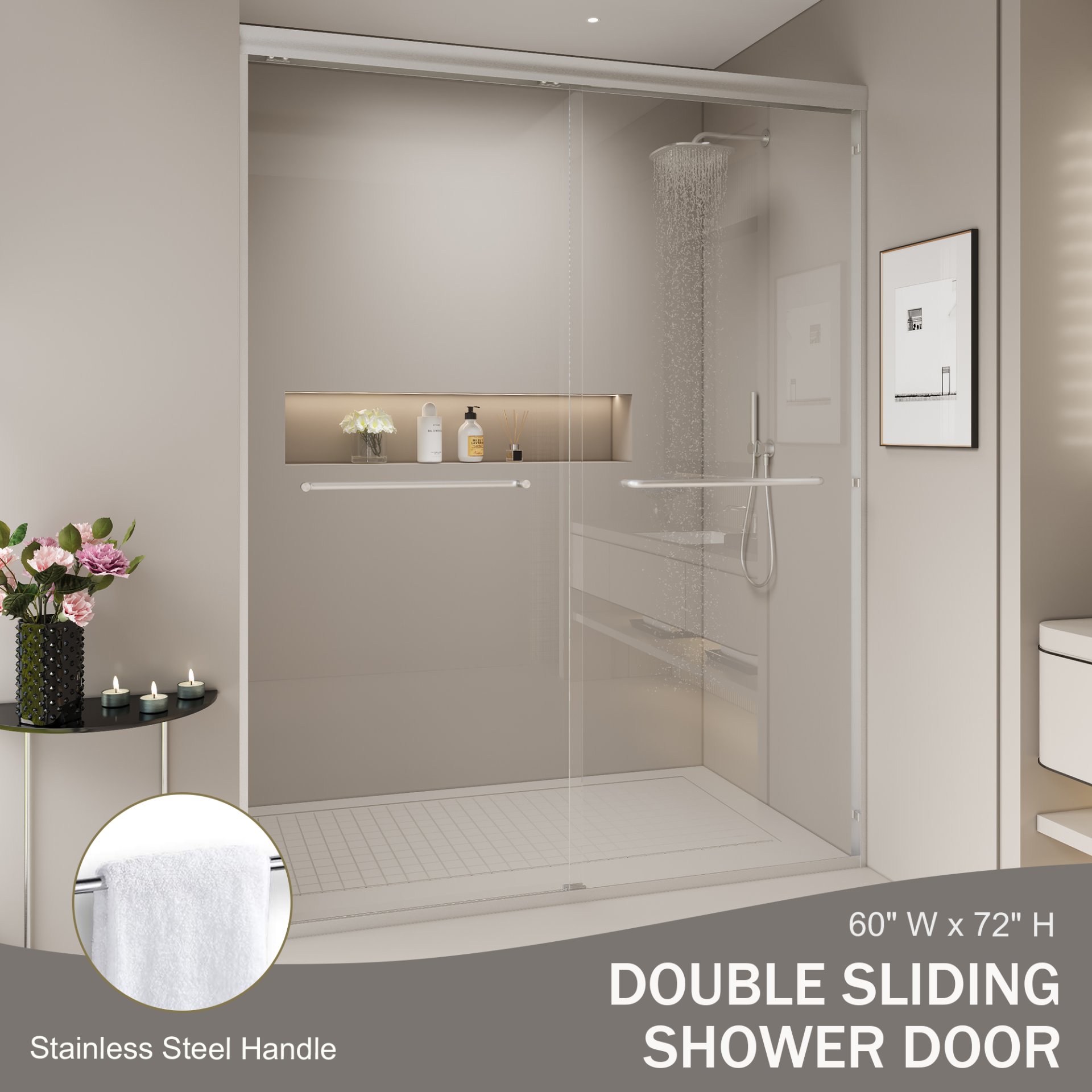 Double Sliding Shower Door, Semi Frameless Bypass Bathroom Sliding Door With 1 / 4" (6Mm) Tempered Glass For Walk In Shower - Brushed Nickel - Image 5