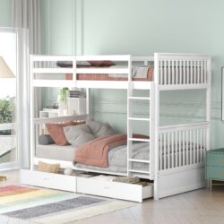 Twin Over Twin Bunk Bed With Ladders And 2 Storage Drawers - White