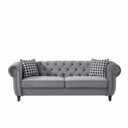 Mid Century Modern Chesterfield Velvet Upholstery Fabric Sofa With Roll Armrest & Nailhead - Gray