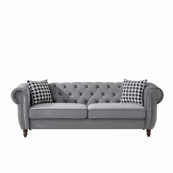 Mid Century Modern Chesterfield Velvet Upholstery Fabric Sofa With Roll Armrest & Nailhead - Gray