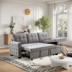 Reversible Sectional Storage Sleeper Sofa Bed, L-Shape 2 Seat Sectional Chaise With Storage, Skin-Feeling Velvet Fabric - Light Gray
