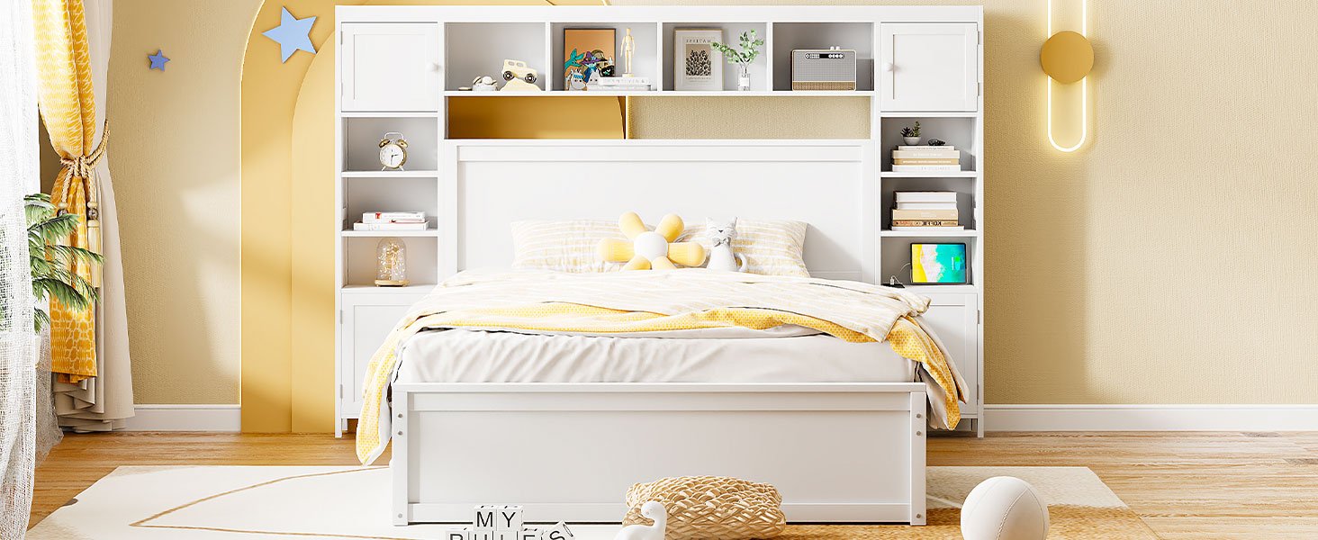 Queen Size Bed With All In One Cabinet, Shelf And Sockets, Twin Long Trundle - White - Image 17