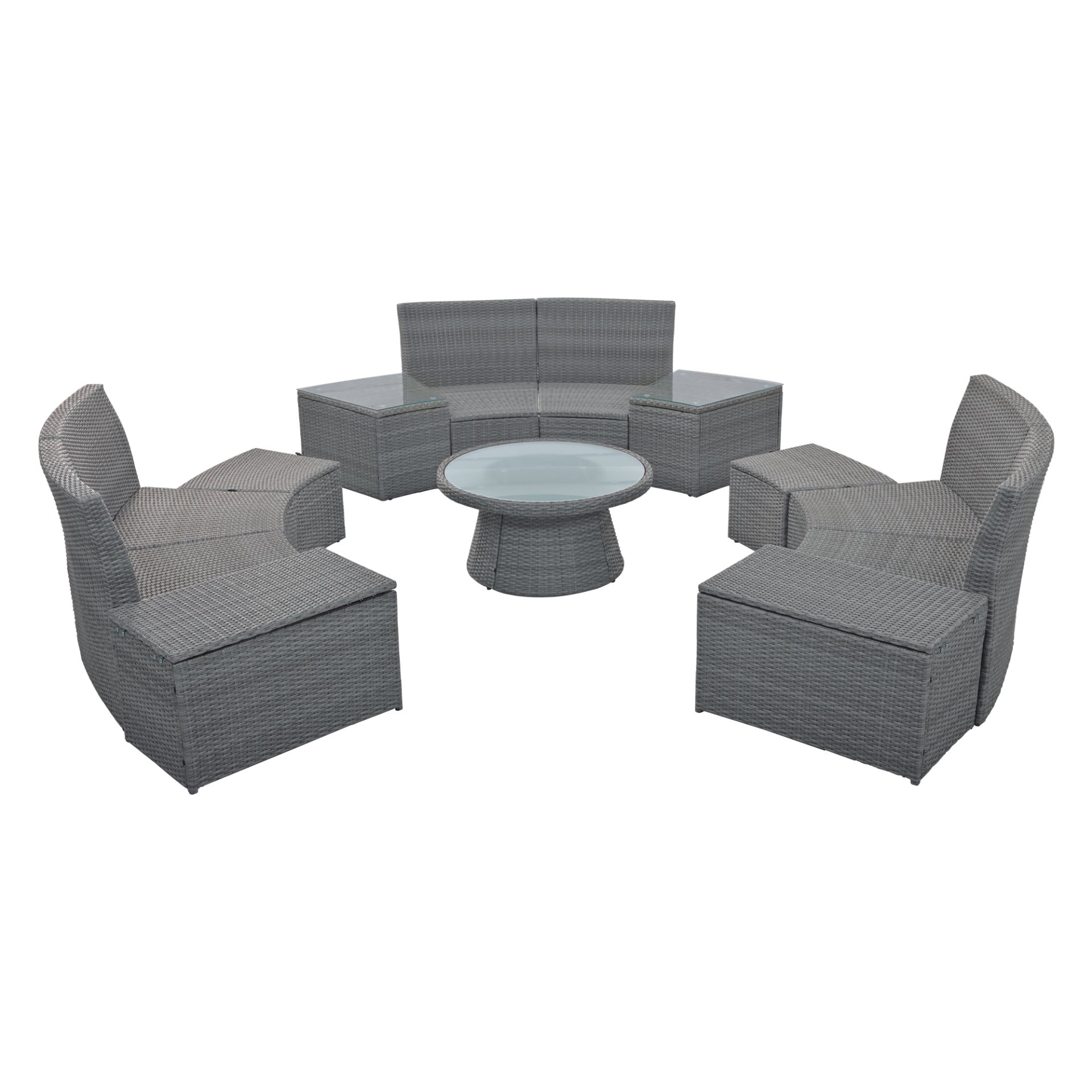 10 Piece Outdoor Sectional Half Round Patio Rattan Sofa Set, Wicker Conversation Furniture Set For Free Combination - Light Gray - Image 15