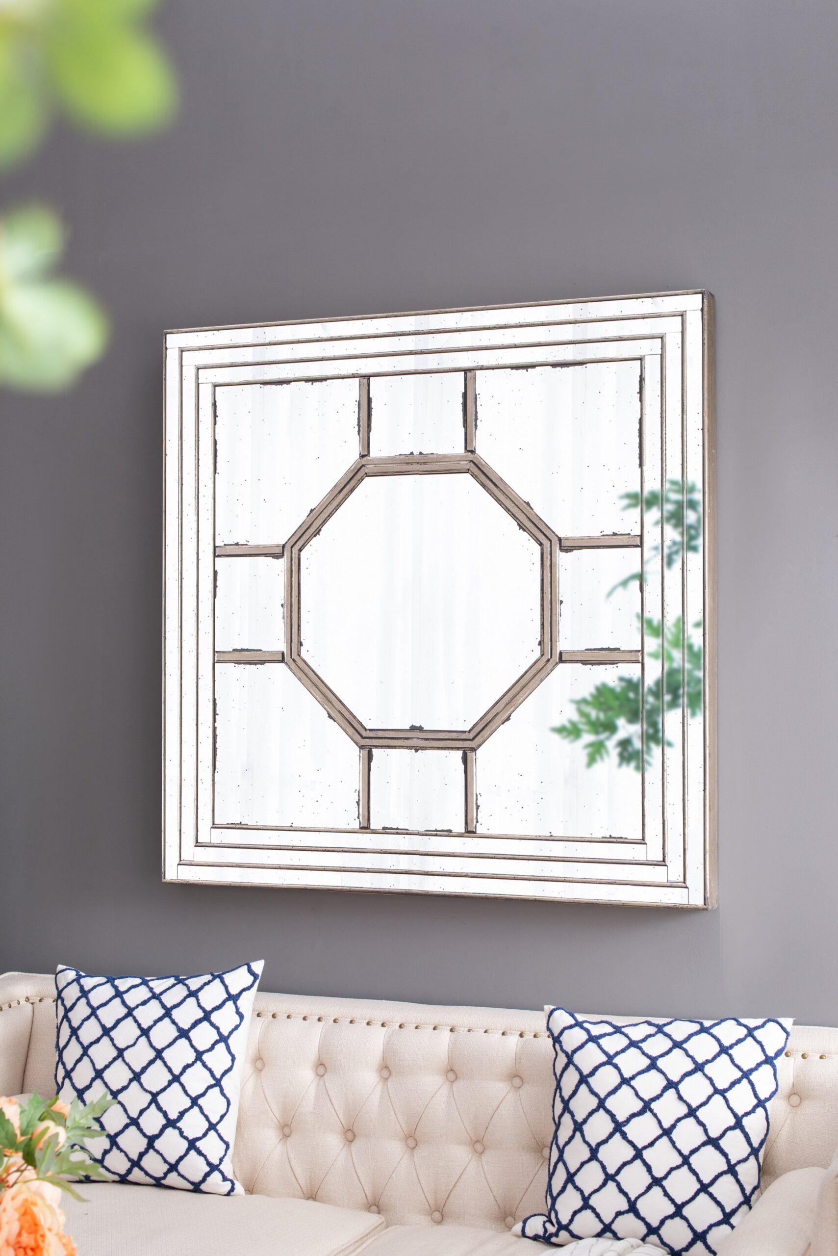 Antique Style Decorative Square Wall Mirror With Mirrored Frame, Wall Decor For Living Room Entryway, Console Lean Against Wall - Silver - Image 8
