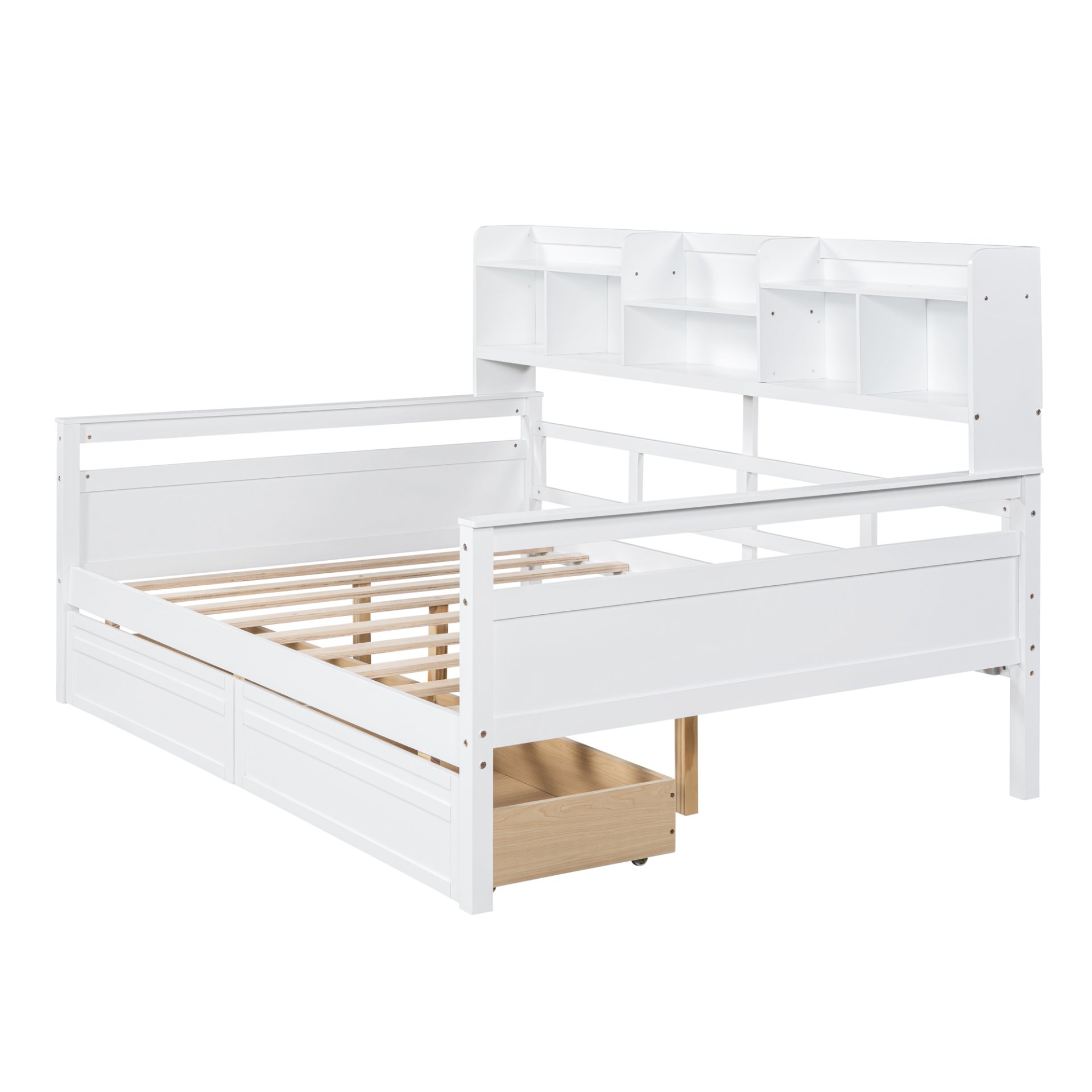 Full Size Daybed, Slat Support, With Bedside Shelf And Two Drawers - White - Image 8