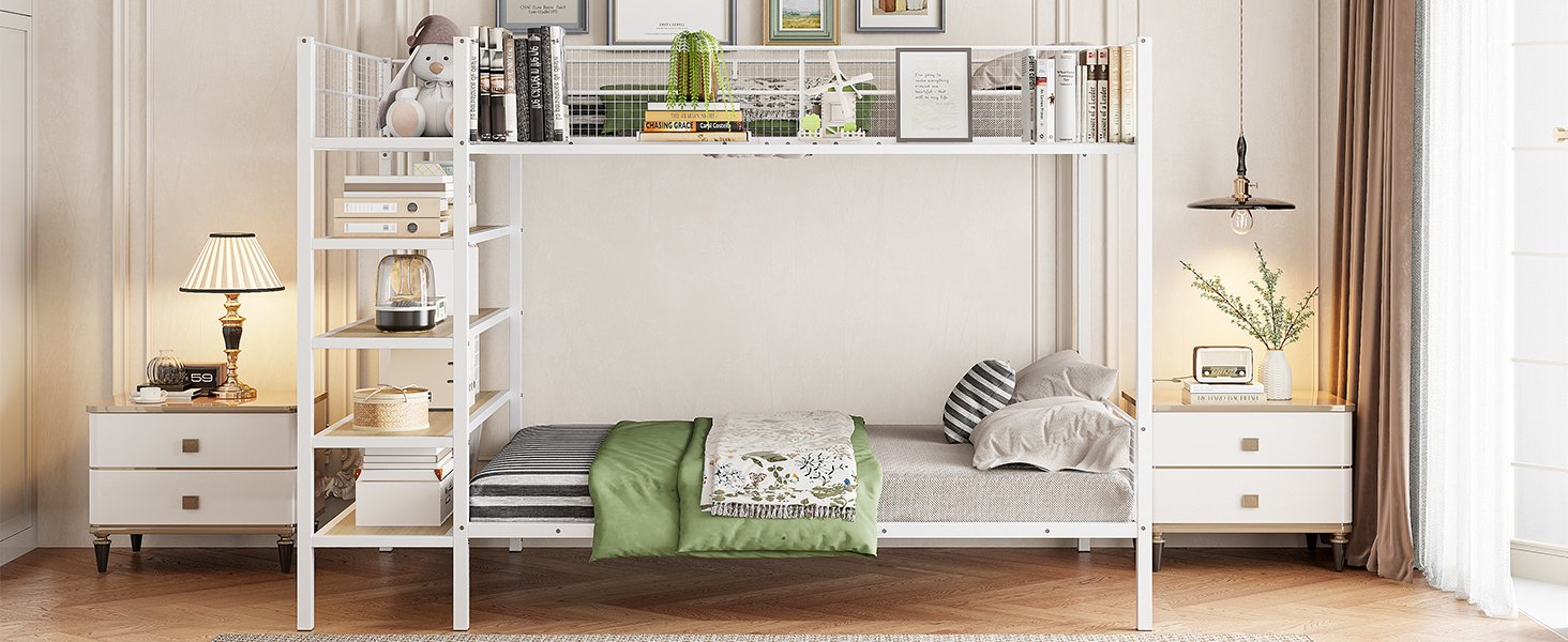 Twin Over Full Bunk Bed With 5 Tier Shelves - White - Image 18