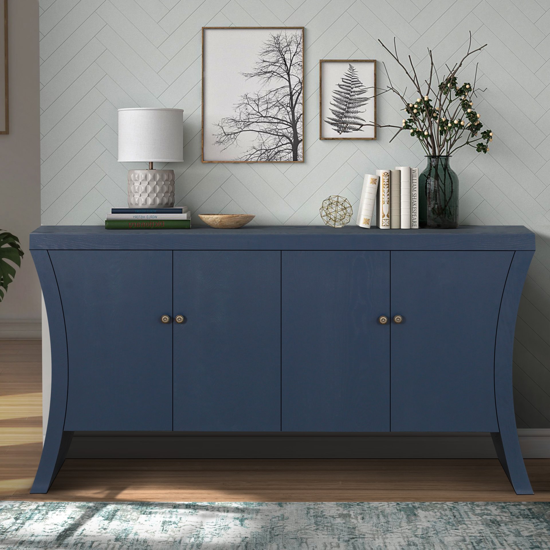 Refined Industrial 4 Door Credenza With Wooden Arc Legs & Bronze Clasps, Advanced Storage Design - Navy Blue - Image 5