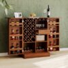 Home Bar Cabinet, Industrial Rattan Door Fold Out Bar Cabinet With Storage Bar Table - Walnut - Image 12