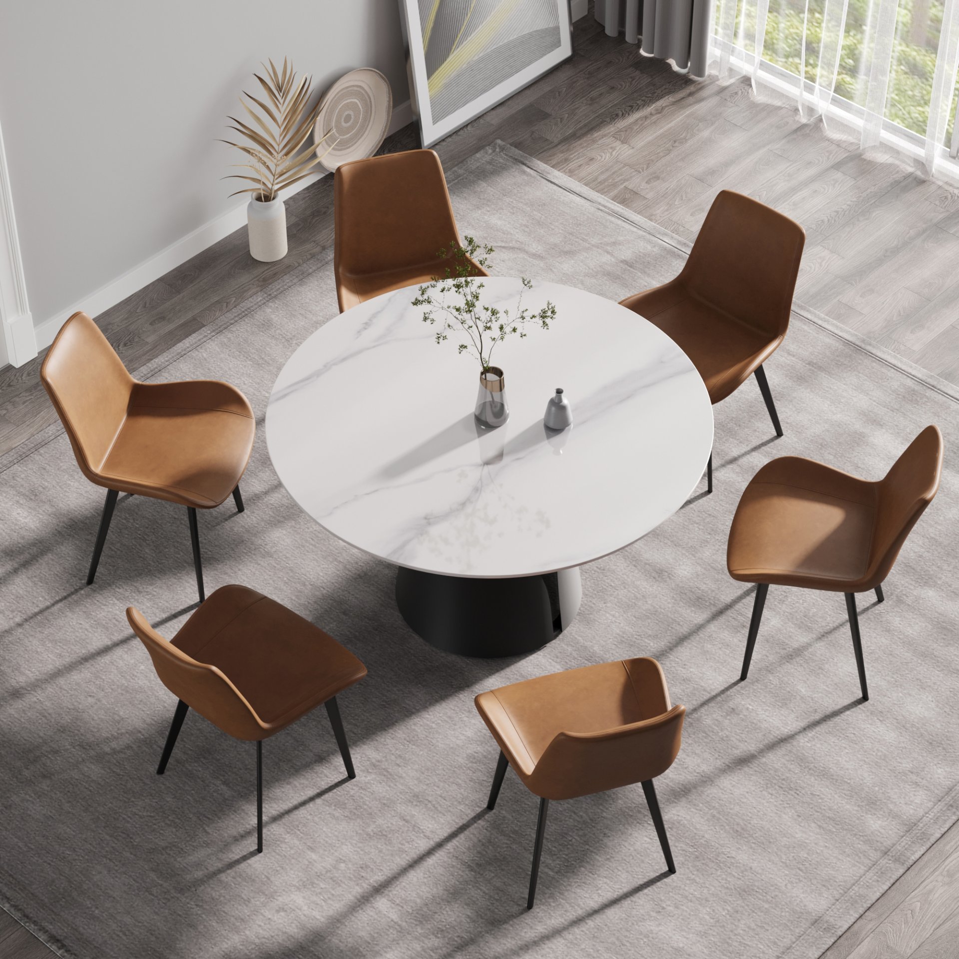 53.15" Modern Artificial Stone Round Carbon Steel Base Dining Table, Can Accommodate 6 People - White / Black - Image 2