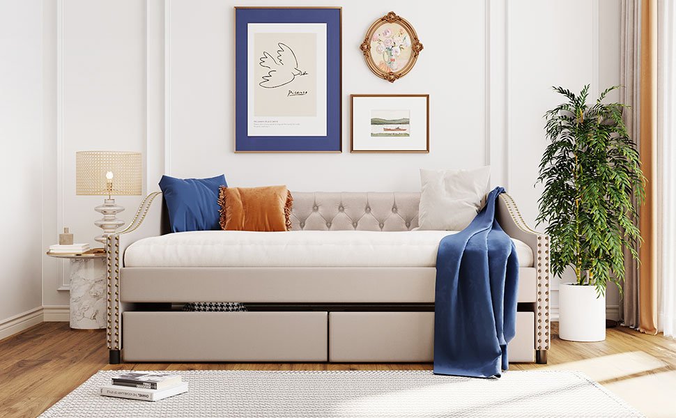 Full Size Upholstered Daybed With Two Drawers, Slat Support - Beige - Image 14