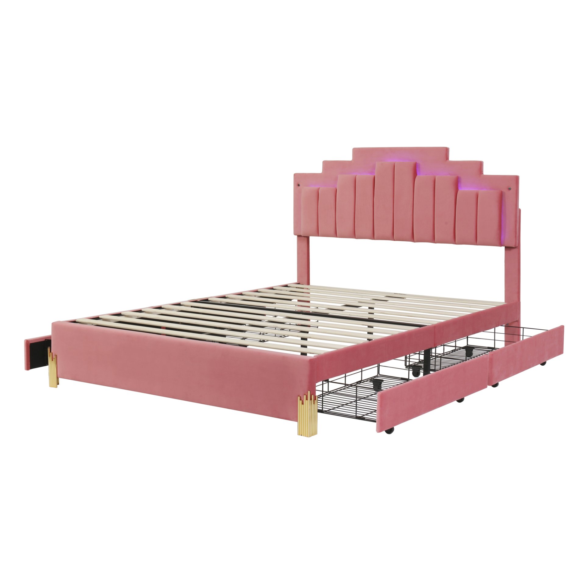 Queen Size Upholstered Platform Bed With LED Lights And 4 Drawers, Stylish Irregular Metal Bed Legs Design - Pink - Image 6