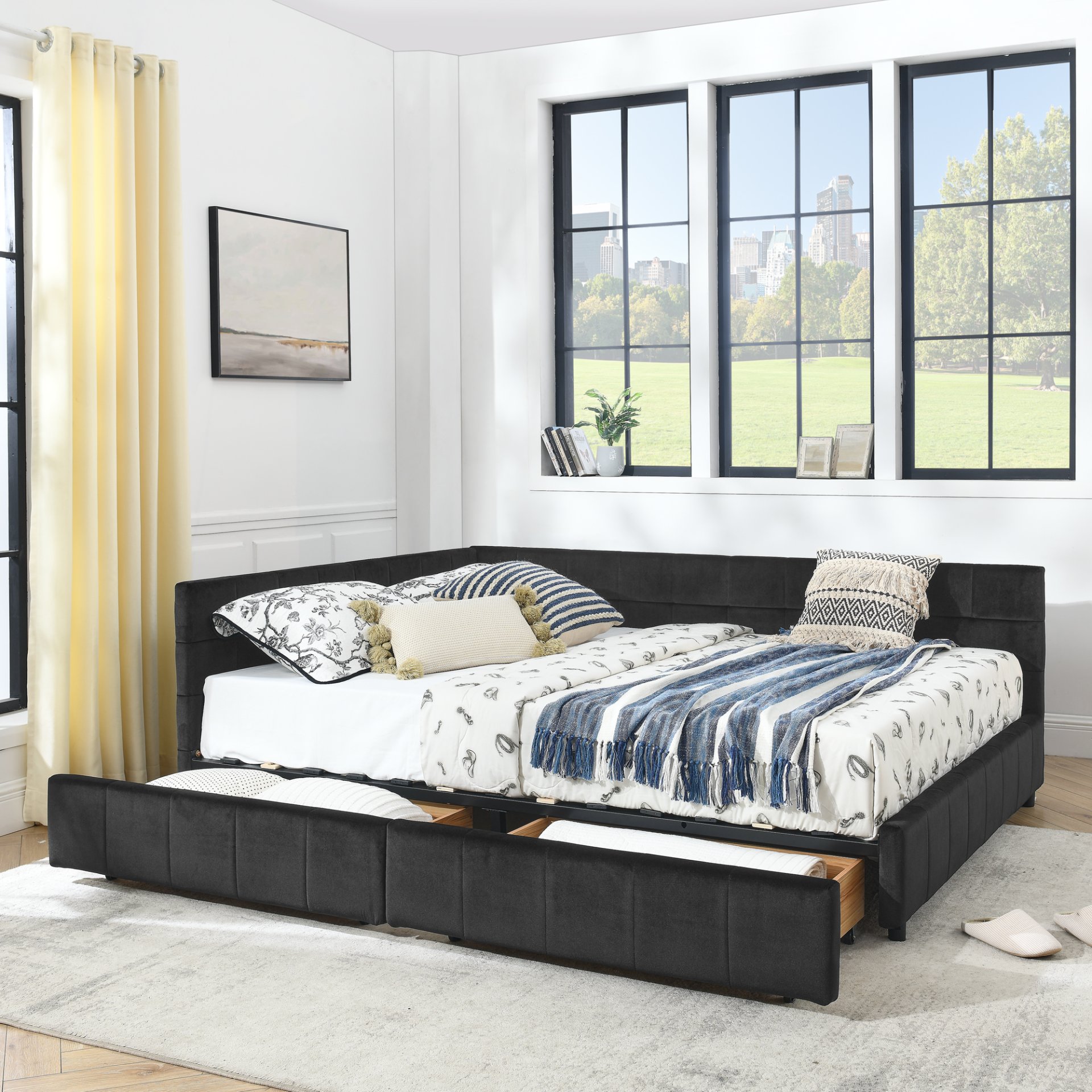 Mid Century Queen Size Storage Upholstered Tufted Bed Frame With Backrest And Armrests Velvet - Black - Image 4