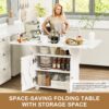 Versatile Marble Folding Dining Table With Storage Rack And Cabinet, 6 Wheels - White - Image 10