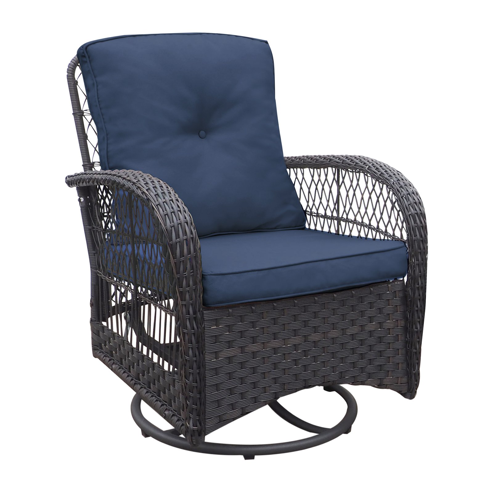 3 Pieces Conversation Set, Outdoor Wicker Rocker Swivel Patio Bistro Set, Rocking Chair With Glass Top Side Table - Navy Blue - Image 2