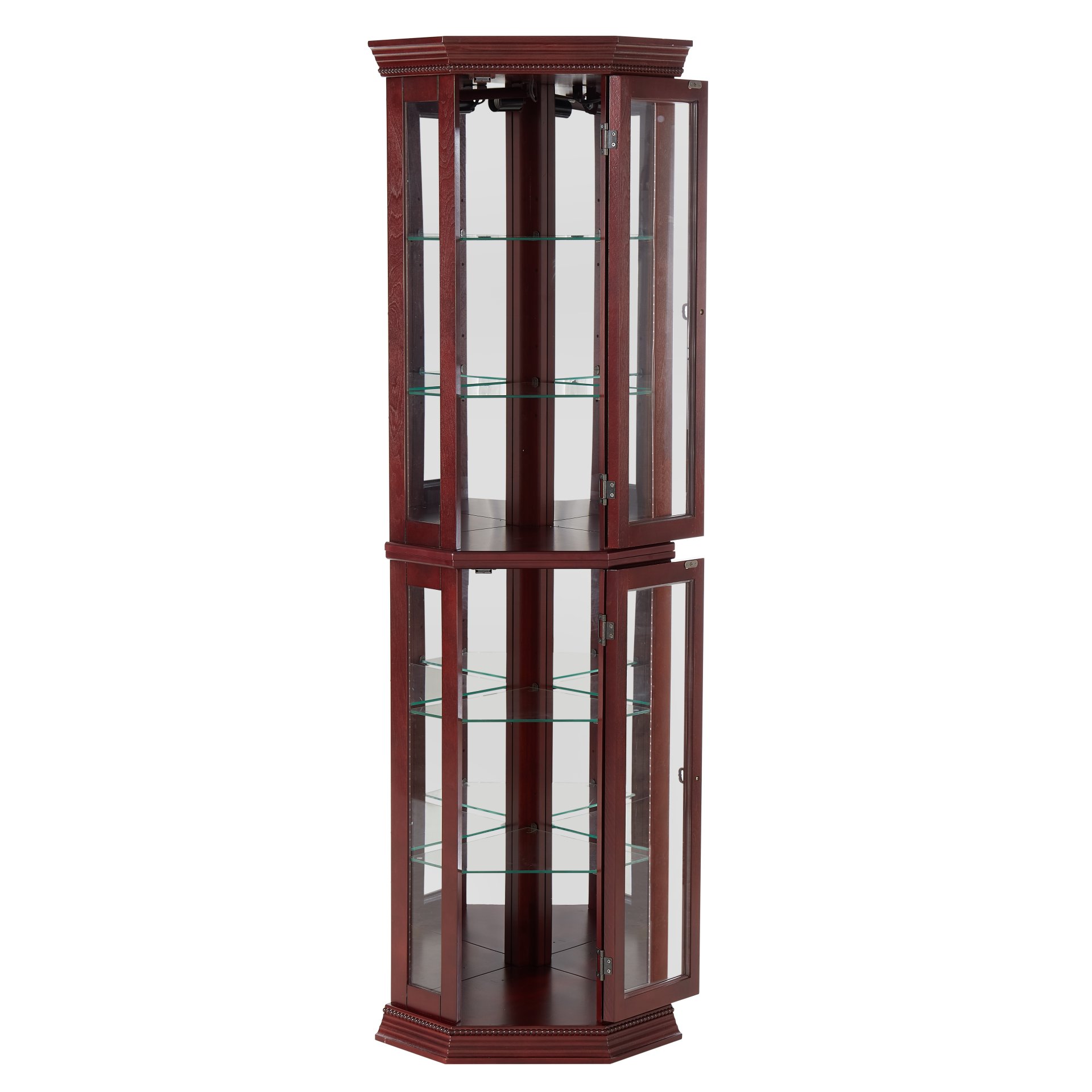 Corner Curio Cabinet With Lights, Adjustable Tempered Glass Shelves, Mirrored Back, Display Cabinet (E26 Light Bulb Not Included) - Cherry - Image 8