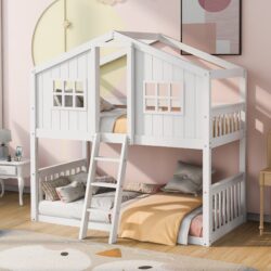 Twin Over Twin House Bunk Bed With Ladder - White