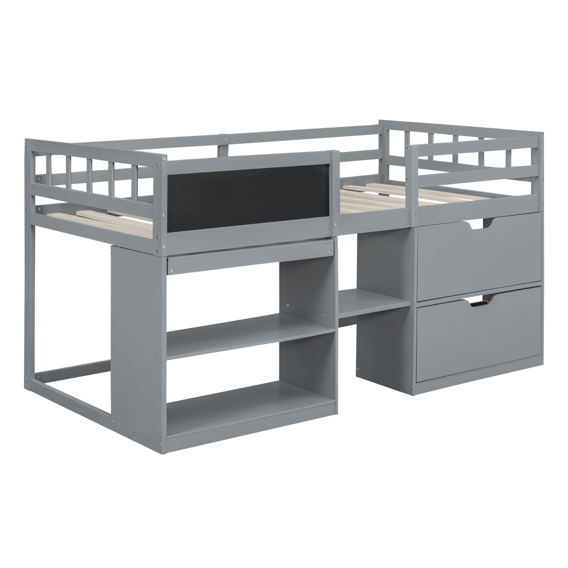Twin Size Low Loft Bed With Rolling Desk, Shelf And Drawers - Gray - Image 3