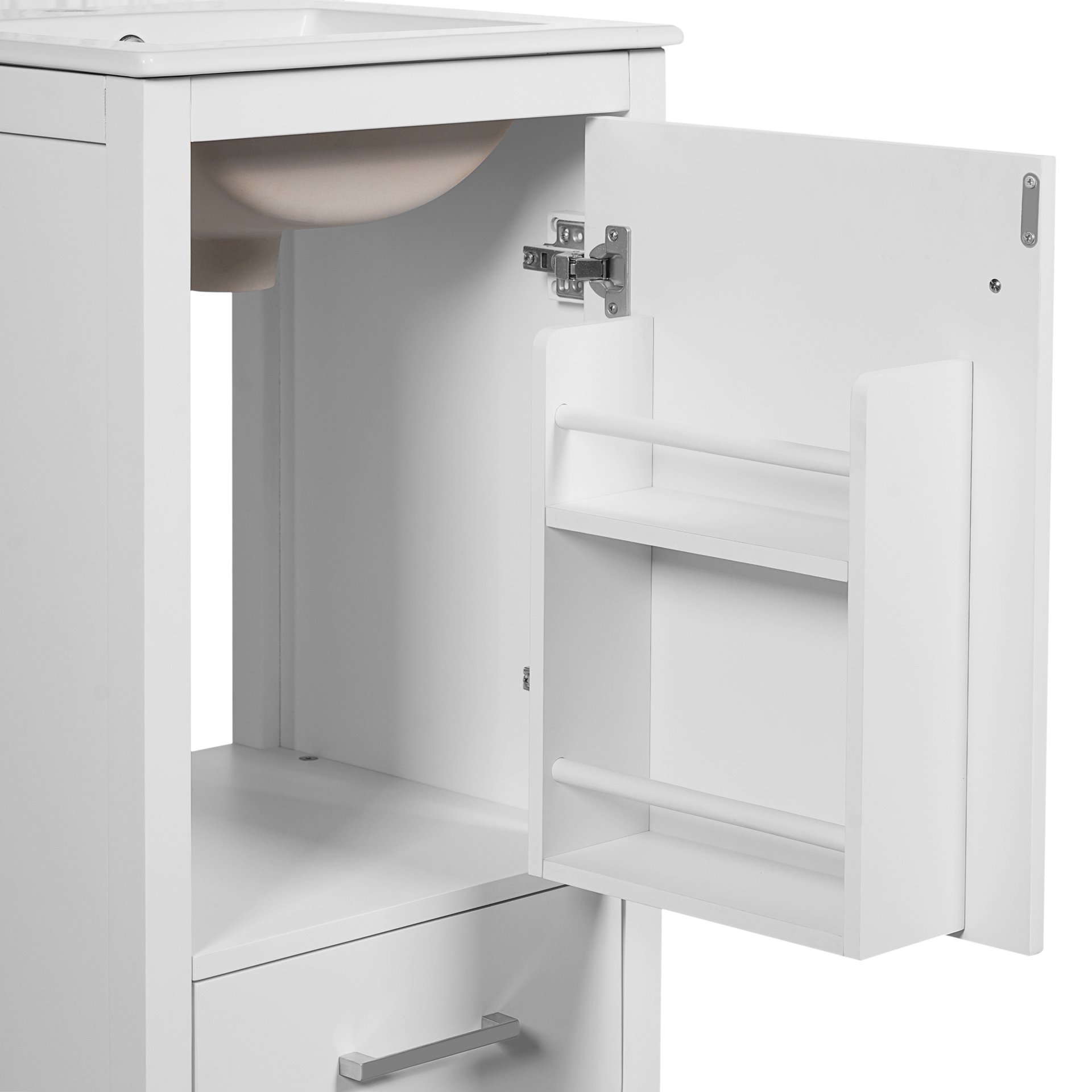 18" Bathroom Vanity With Sink, Soft Close Drawers, Door Organizer, Divider Drawer, Adjustable Foot Pads - White - Image 19